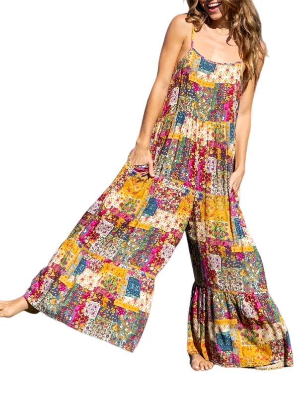 Chic YC Women's Patchwork Floral Print Spaghetti Strap Wide Leg Jumpsuit made by Zulily