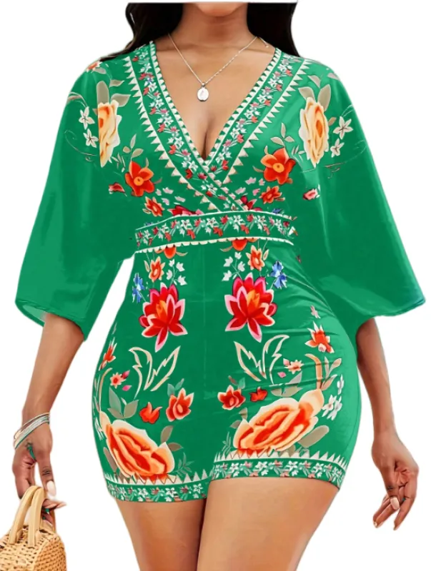 Chic YC Women's Floral Print V-Neck Flare Sleeve Romper Summer Casual Boho Vacation Green Jumpsuit made by Zulily