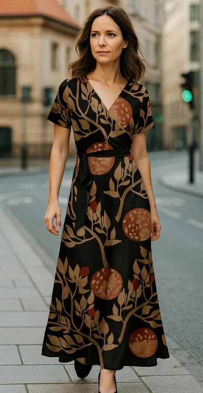 Lily by Firmiana Women’s Short Sleeve Maxi Dress Women’s Apparel Black Brown Tropical Print made by Zulily