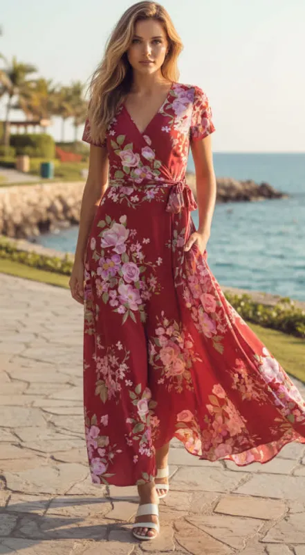 Lily by Firmiana Women’s Short Sleeve Maxi Dress Women’s Apparel Red Pink Floral Print made by Zulily