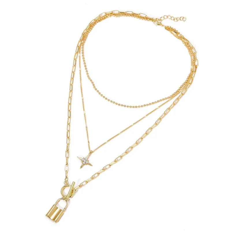 Cubic Zirconia & Goldtone Star Lock Layered Pendant Necklace made by Zulily