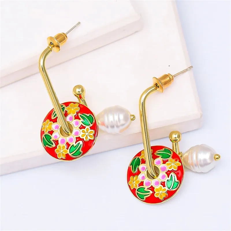 Red Enamel & Pearl Goldtone Botany Drop Earrings made by Zulily