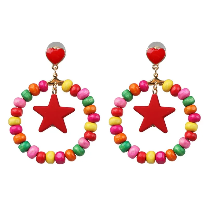 Red Multicolor Wood & Enamel Goldtone Round Star Wooden Drop Earrings made by Zulily