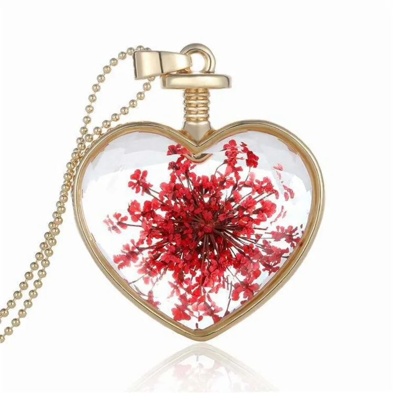 Red Pressed Gypsophila & Goldtone Heart Pendant Necklace made by Zulily