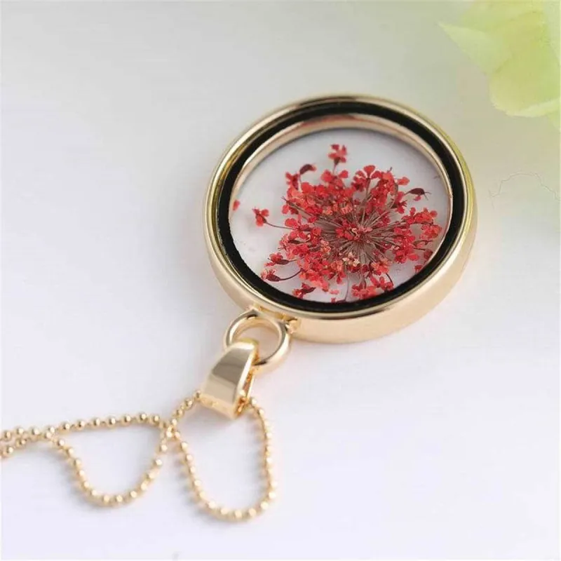 Red Pressed Gypsophila & Goldtone Round Pendant Necklace made by Zulily
