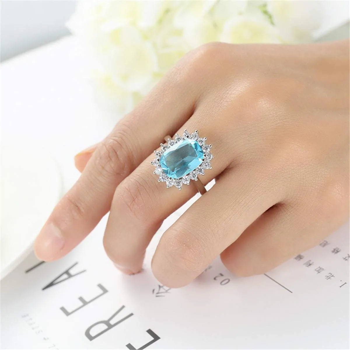 Blue Crystal Princess-Cut Floral Halo Ring sold by Zulily product image thumbnail 2