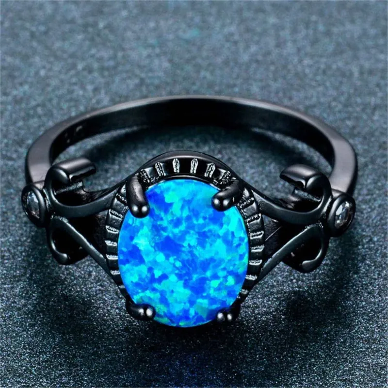 Blue Opal & Black-Plated Openwork Oval Ring made by Zulily