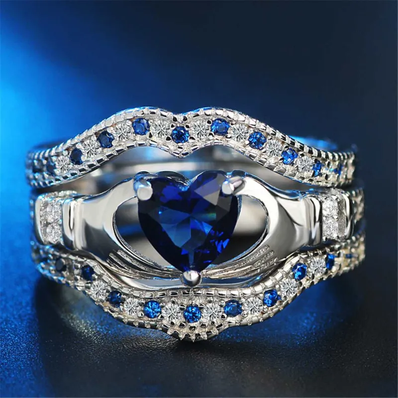 Blue Crystal & Cubic Zirconia Silvertone Claddagh Ring - Set Of Three made by Zulily