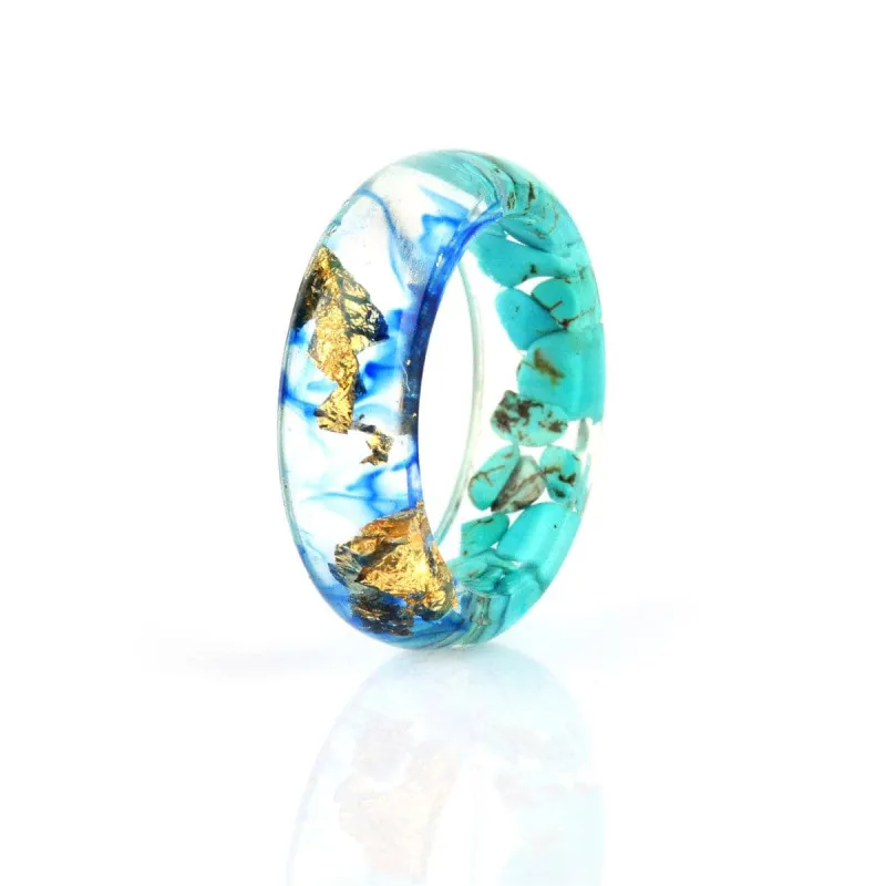 Blue & Golden Resin Dried Flower Stone Band Ring made by Zulily