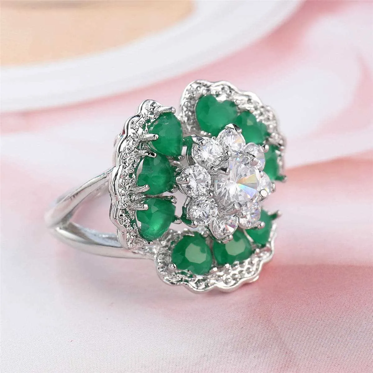 Green & White Cubic Zirconia Ornate Floral Ring sold by Zulily