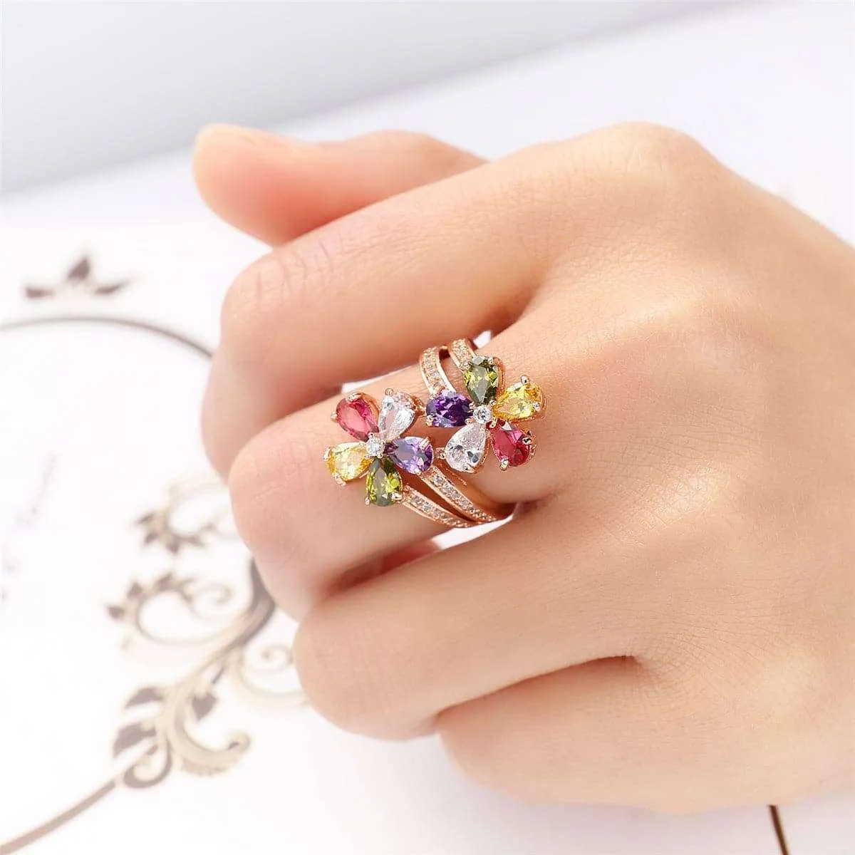 Jewel-Tone Cubic Zirconia & Rose Goldtone Clover Ring sold by Zulily