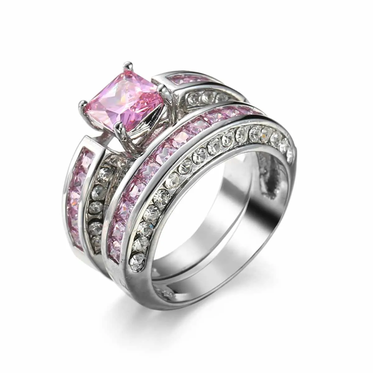 Pink Cubic Zirconia & Silvertone Princess-Cut Ring & Band sold by Zulily