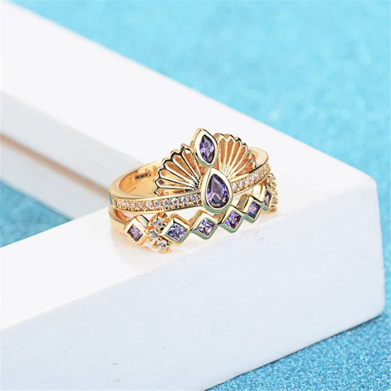 Purple Crystal & Cubic Zirconia Crown Ring Set made by Zulily