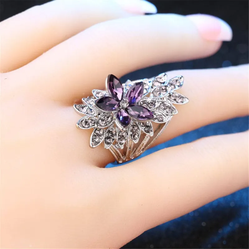 Purple Crystal & Cubic Zirconia Flower Cluster Band Ring made by Zulily