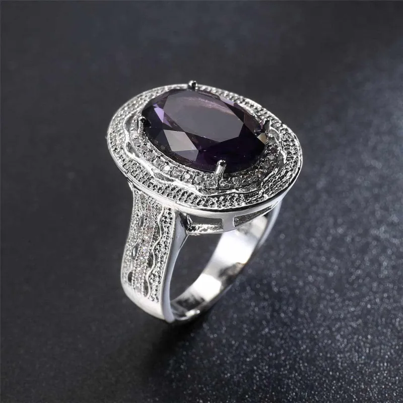 Purple Crystal & Cubic Zirconia Oval Halo Ring made by Zulily