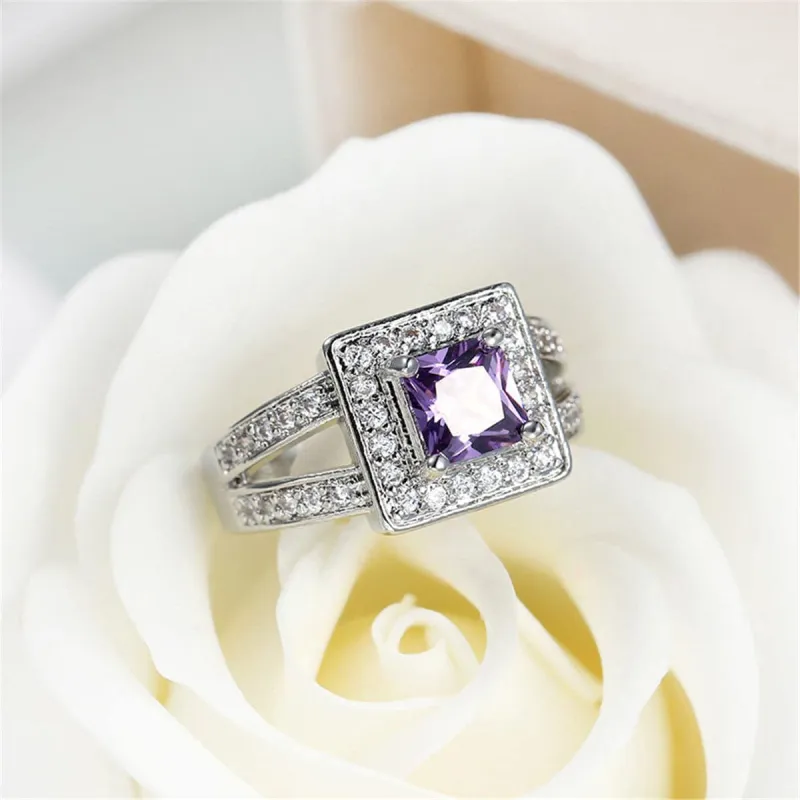 Purple Crystal & Cubic Zirconia Silvertone Halo Princess-Cut Ring made by Zulily