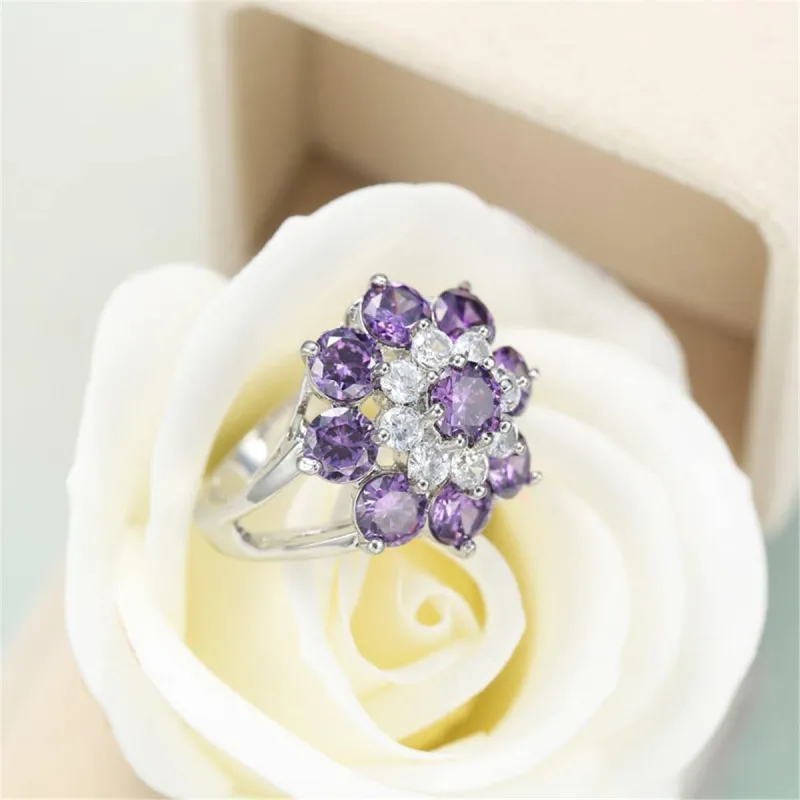 Purple Crystal & Silvertone Floral Ring made by Zulily