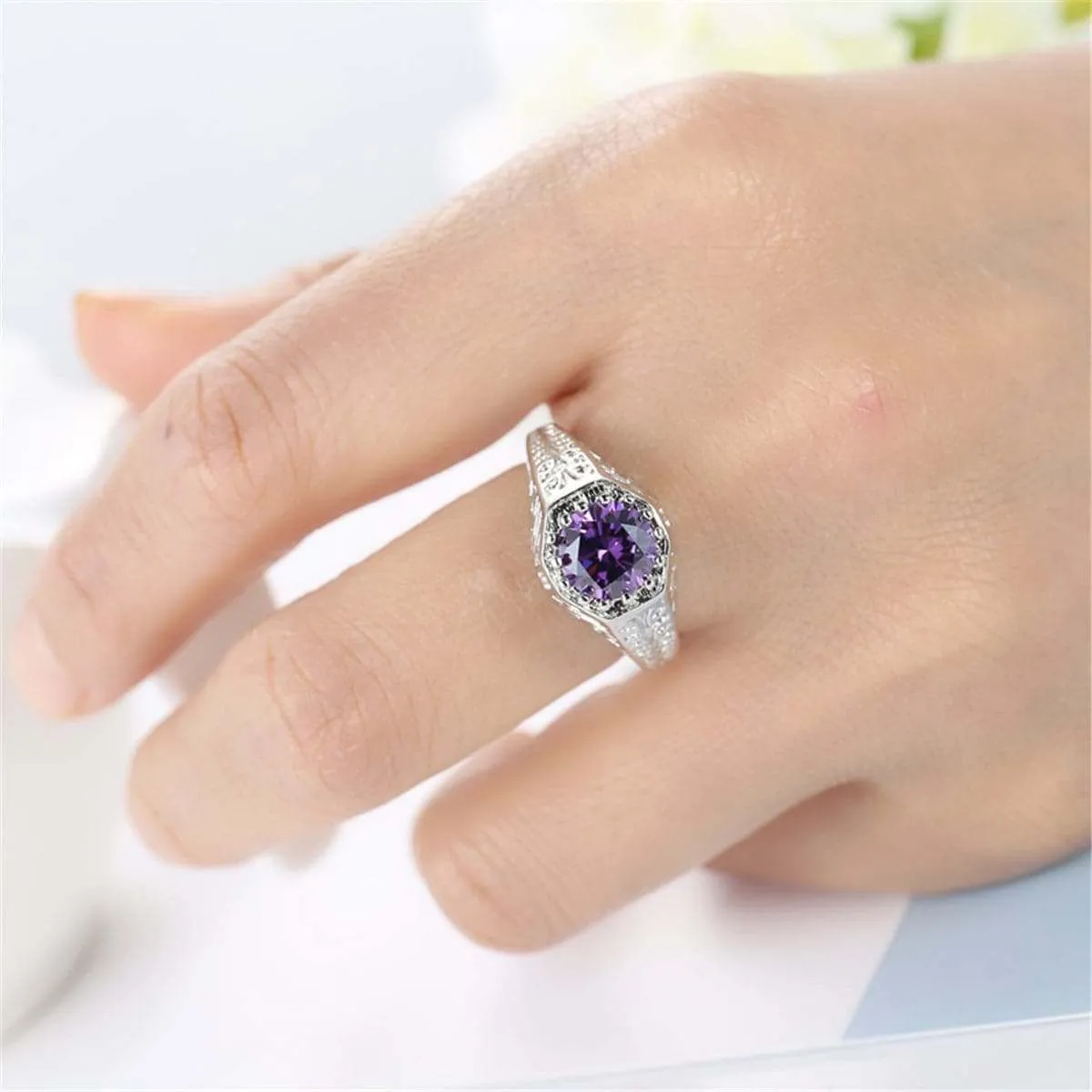 Purple Crystal & Silvertone Flush-Band Ring sold by Zulily