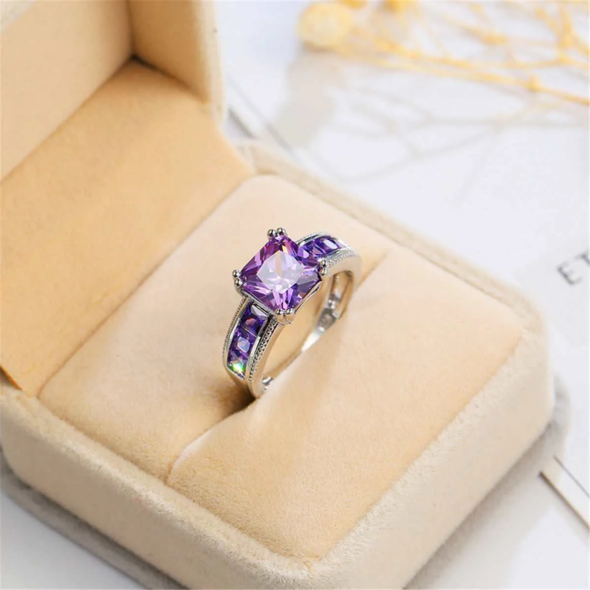 Purple Crystal & Silvertone Princess-Cut Ring sold by Zulily