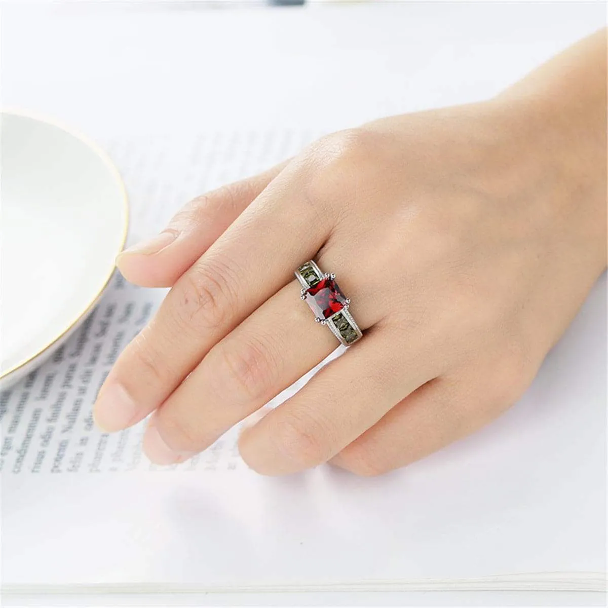 Red & Olive Green Crystal & Silvertone Princess-Cut Ring sold by Zulily product image thumbnail 4