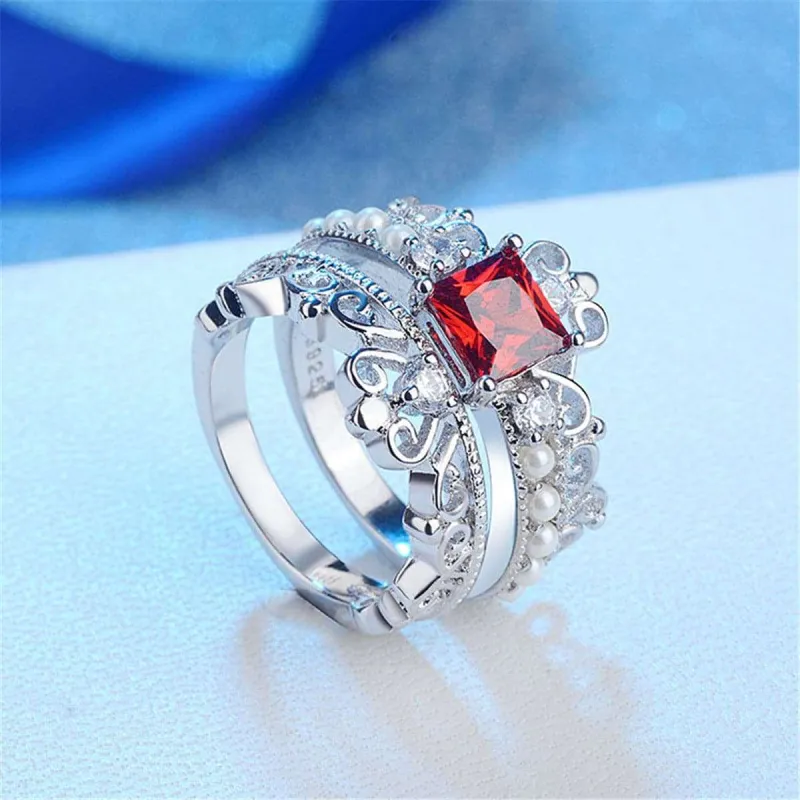 Red Crystal & Pearl Silvertone Crown Ring Set made by Zulily