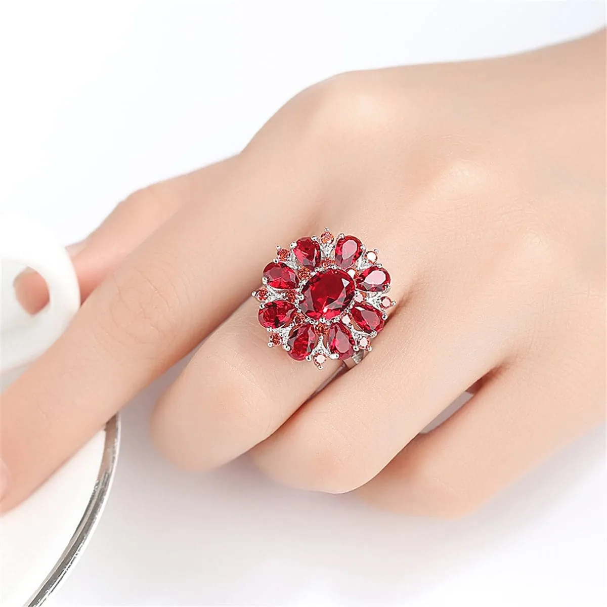 Red Crystal & Silvertone Flower Ring sold by Zulily