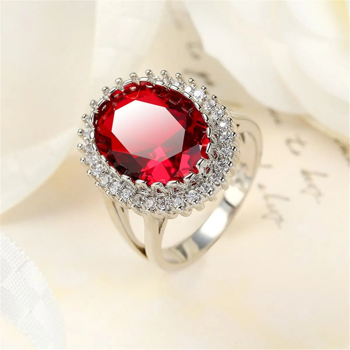 Red Cubic Zirconia & Crystal Burst Halo Oval Ring sold by Zulily