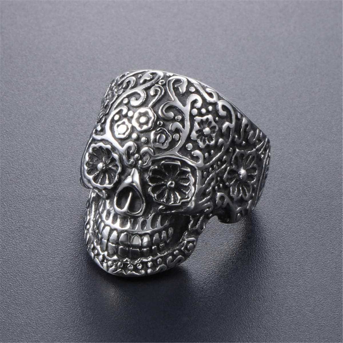 Silvertone Floral Skull Band Ring sold by Zulily product image thumbnail 3
