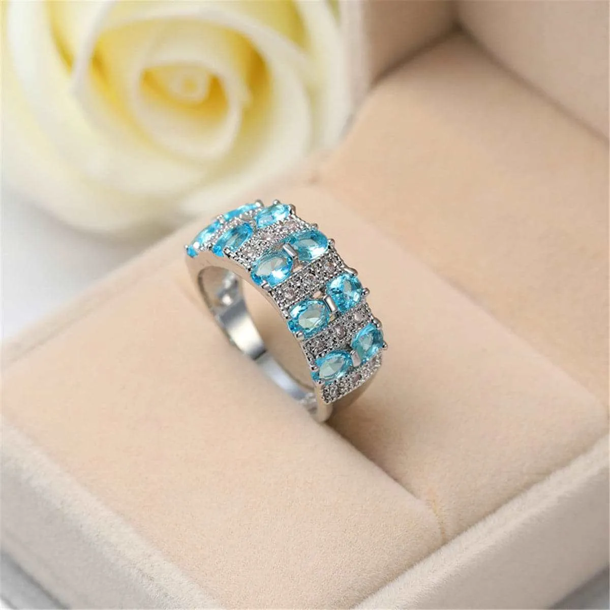 Sea Blue Crystal & Silvertone Oval-Cut Band Ring sold by Zulily