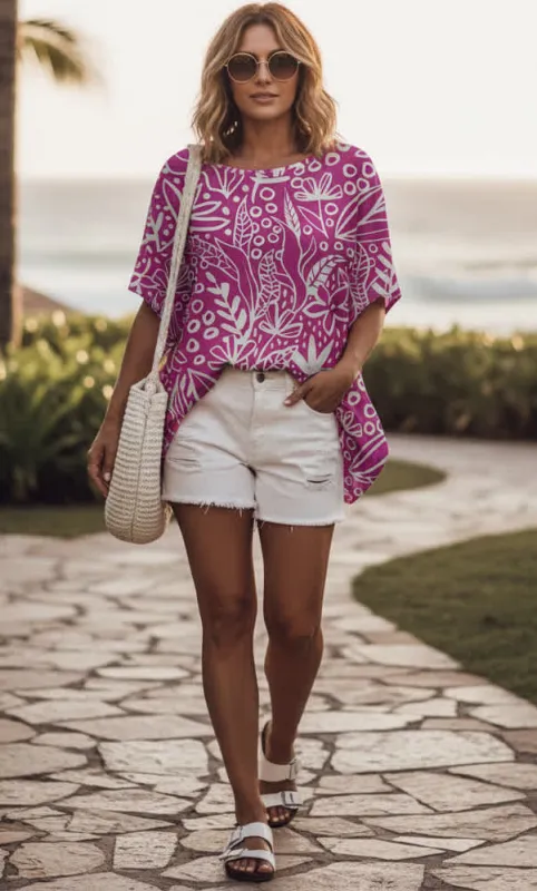 Lily by Firmiana Women’s Short Sleeve V-Neck Tunic Women’s Apparel Pink Geometric Leaf Print made by Zulily