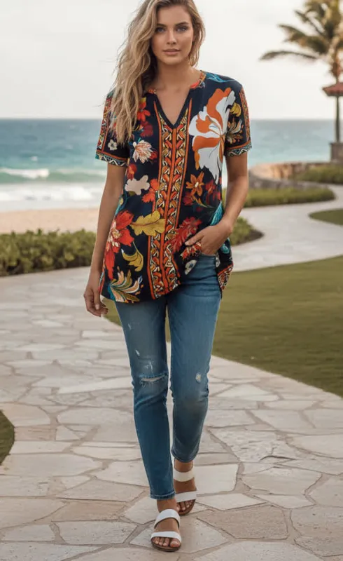 Lily by Firmiana Women’s Short Sleeve V-Neck Tunic Women’s Apparel Black Multicolor Floral Print made by Zulily