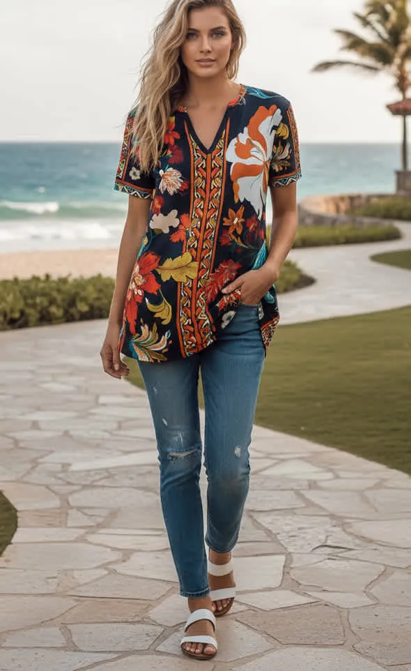 Lily by Firmiana Women’s Short Sleeve V-Neck Tunic Women’s Apparel Black Multicolor Floral Print sold by Zulily product image thumbnail 3