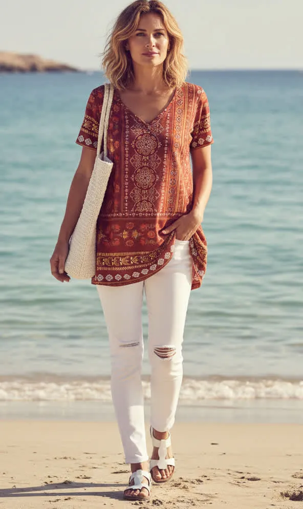 Lily by Firmiana Women’s V-Neck Short Sleeve Tunic Women’s Apparel Rust Border Print sold by Zulily product image thumbnail 3