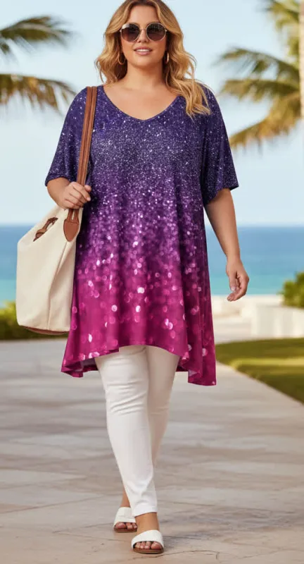 Lily by Firmiana Women’s Short Sleeve V-Neck Tunic Women’s Apparel Purple Pink Ombre Print made by Zulily