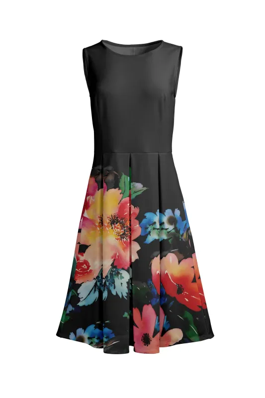 Lily by Firmiana Women’s Sleeveless Short Dress with Pleated Skirt Women’s Apparel Black Multicolor Floral Border Print made by Zulily