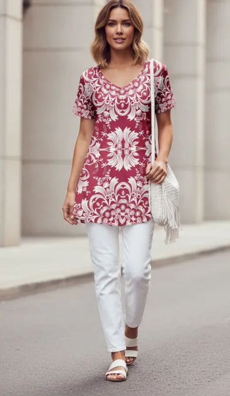 Lily by Firmiana Women’s V-Neck Short Sleeve Tunic Women’s Apparel Red White Medallion Print made by Zulily