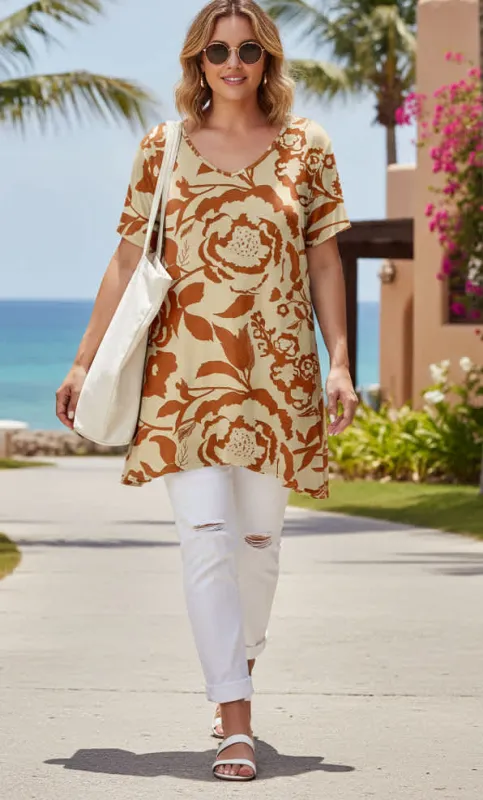 Lily by Firmiana Women’s Short Sleeve V-Neck Tunic Women’s Apparel Tan Brown Floral Print made by Zulily