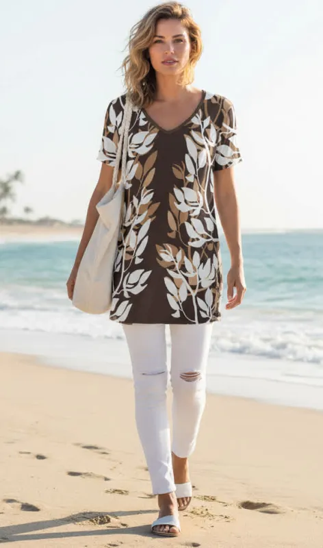 Lily by Firmiana Women’s V-Neck Short Sleeve Tunic Women’s Apparel Brown White Leaf Print made by Zulily