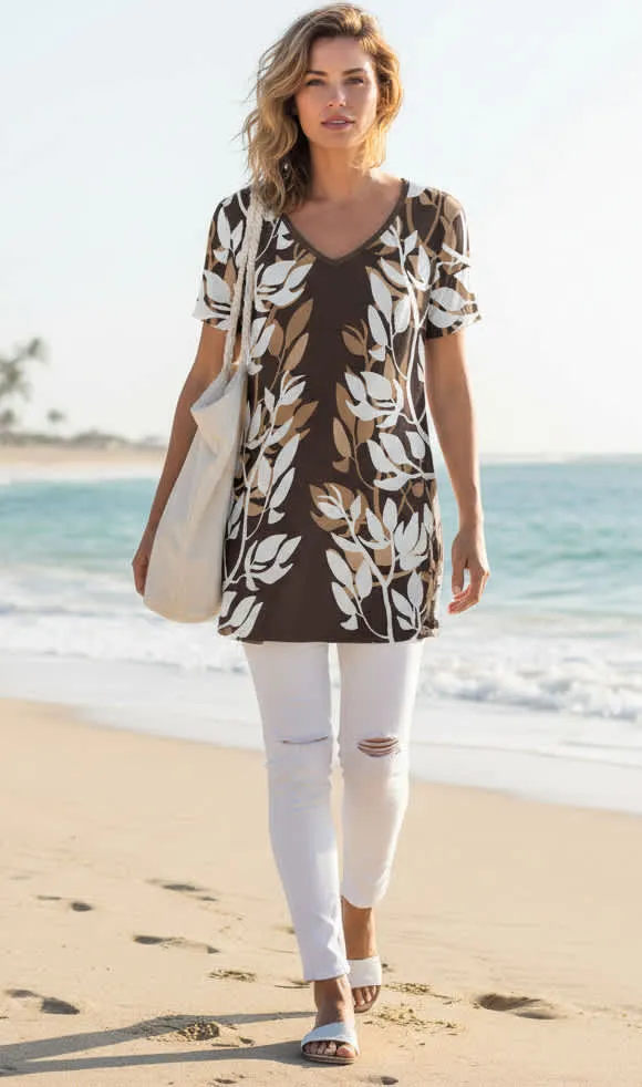 Lily by Firmiana Women’s V-Neck Short Sleeve Tunic Women’s Apparel Brown White Leaf Print sold by Zulily product image thumbnail 2