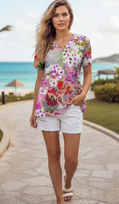 Lily by Firmiana Women’s Short Sleeve V-Neck Tunic Women’s Apparel Pink Green Floral Print made by Zulily