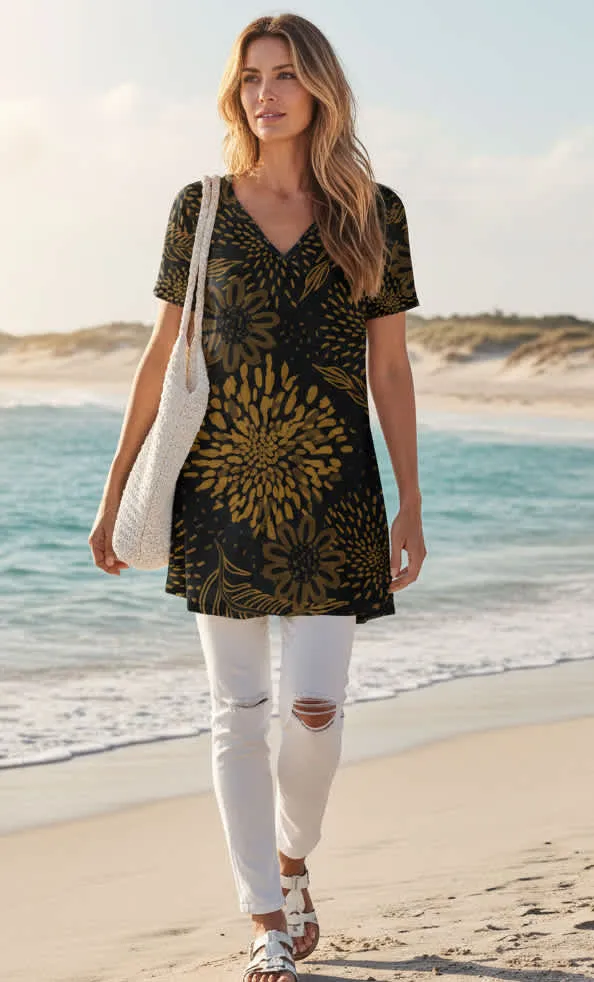 Lily by Firmiana Women’s V-Neck Short Sleeve Tunic Women’s Apparel Black Gold Floral Print sold by Zulily product image thumbnail 3