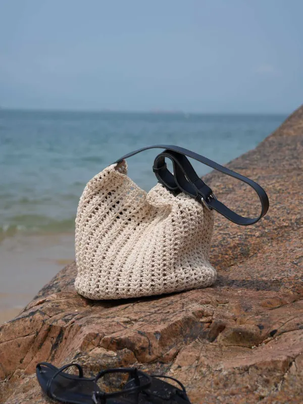 Medium White Beach Tote Bag with Blue Leather Straps made by Zulily