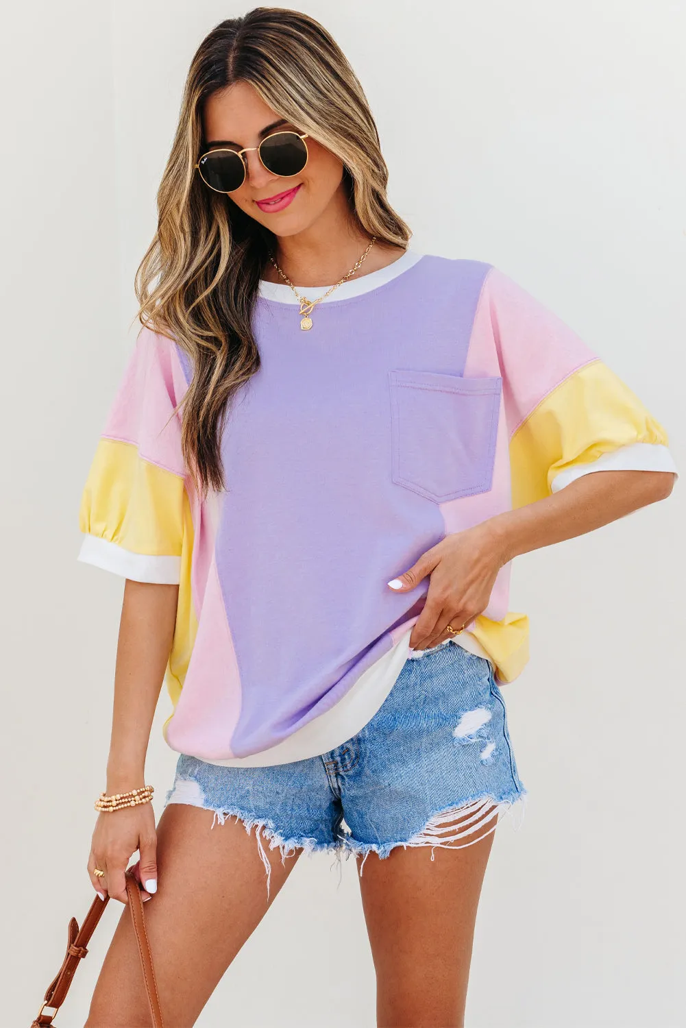 Threaded Pear Zoe Patchwork Half Sleeve Oversized Top sold by Zulily