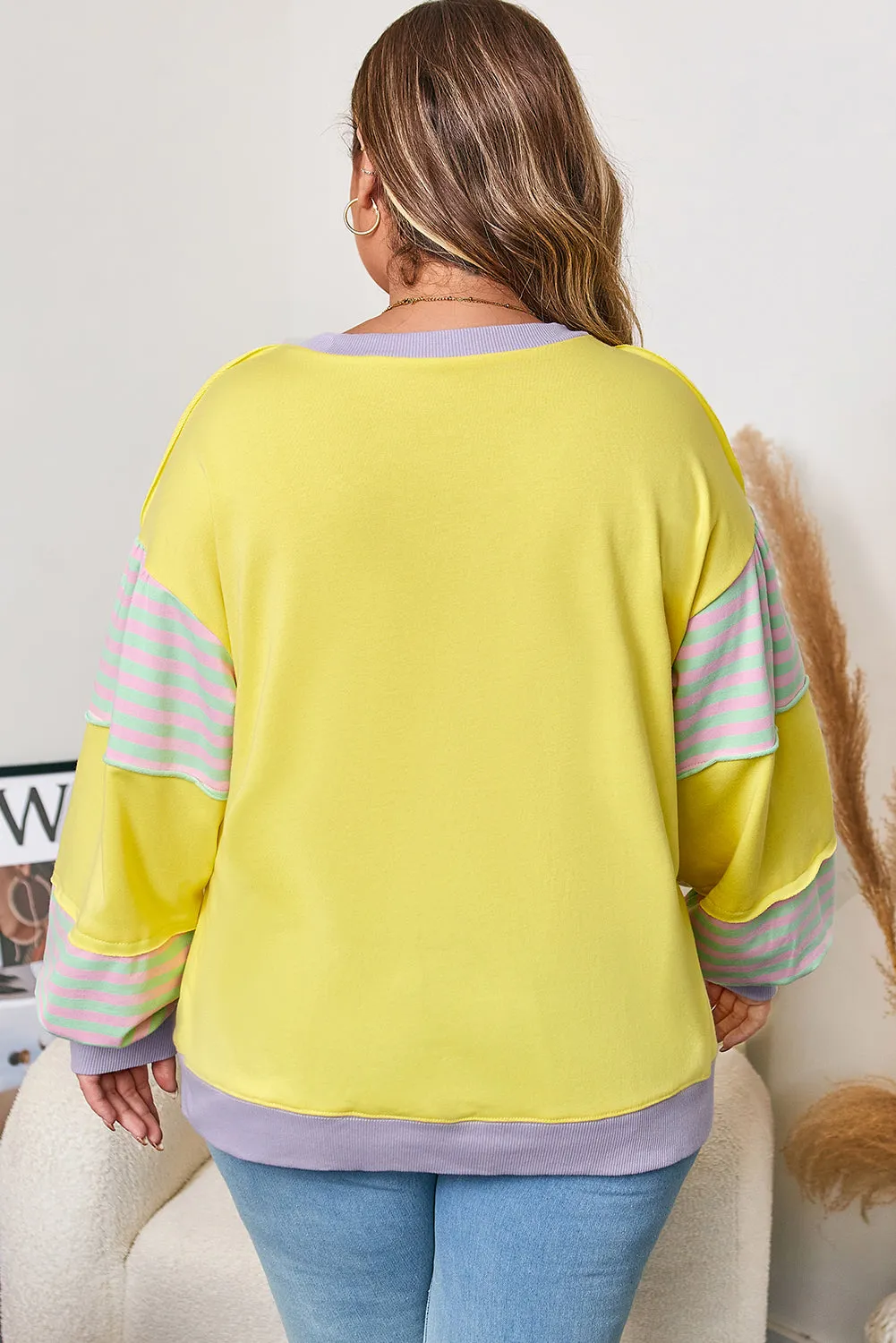 Threaded Pear Yellow Striped Color Block Patchwork Crewneck Plus Size Pullover Sweatshirt sold by Zulily product image thumbnail 2