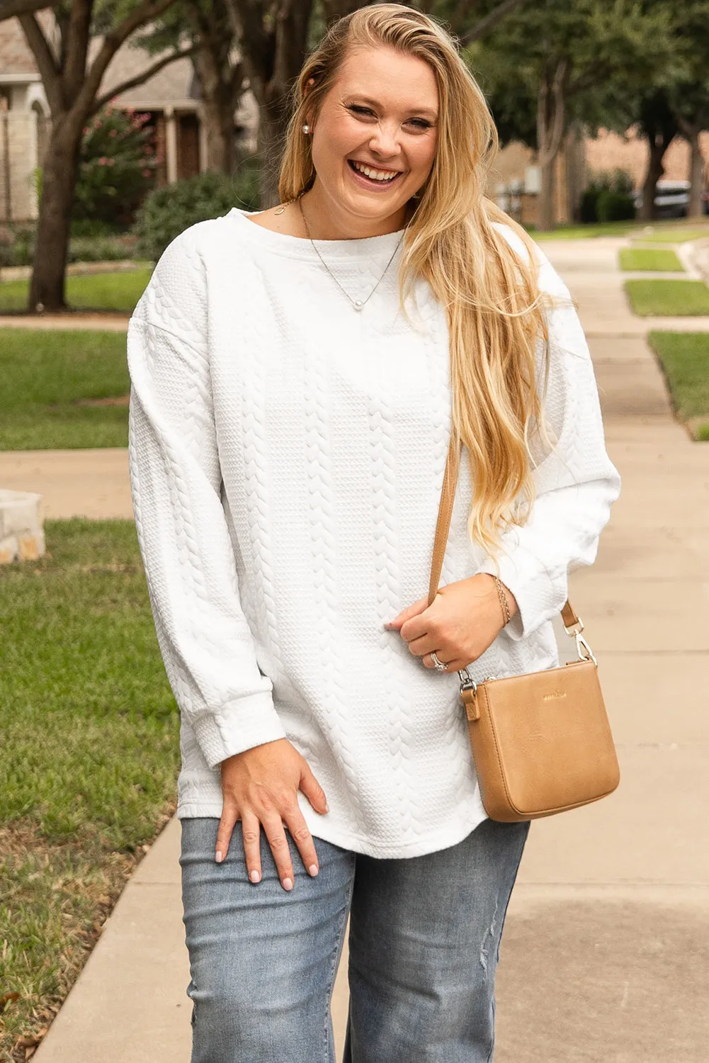 Threaded Pear White Cable Textured Loose Plus Size Sweatshirt sold by Zulily product image thumbnail 4