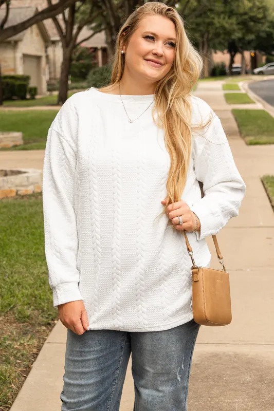 Threaded Pear White Cable Textured Loose Plus Size Sweatshirt made by Threaded Pear