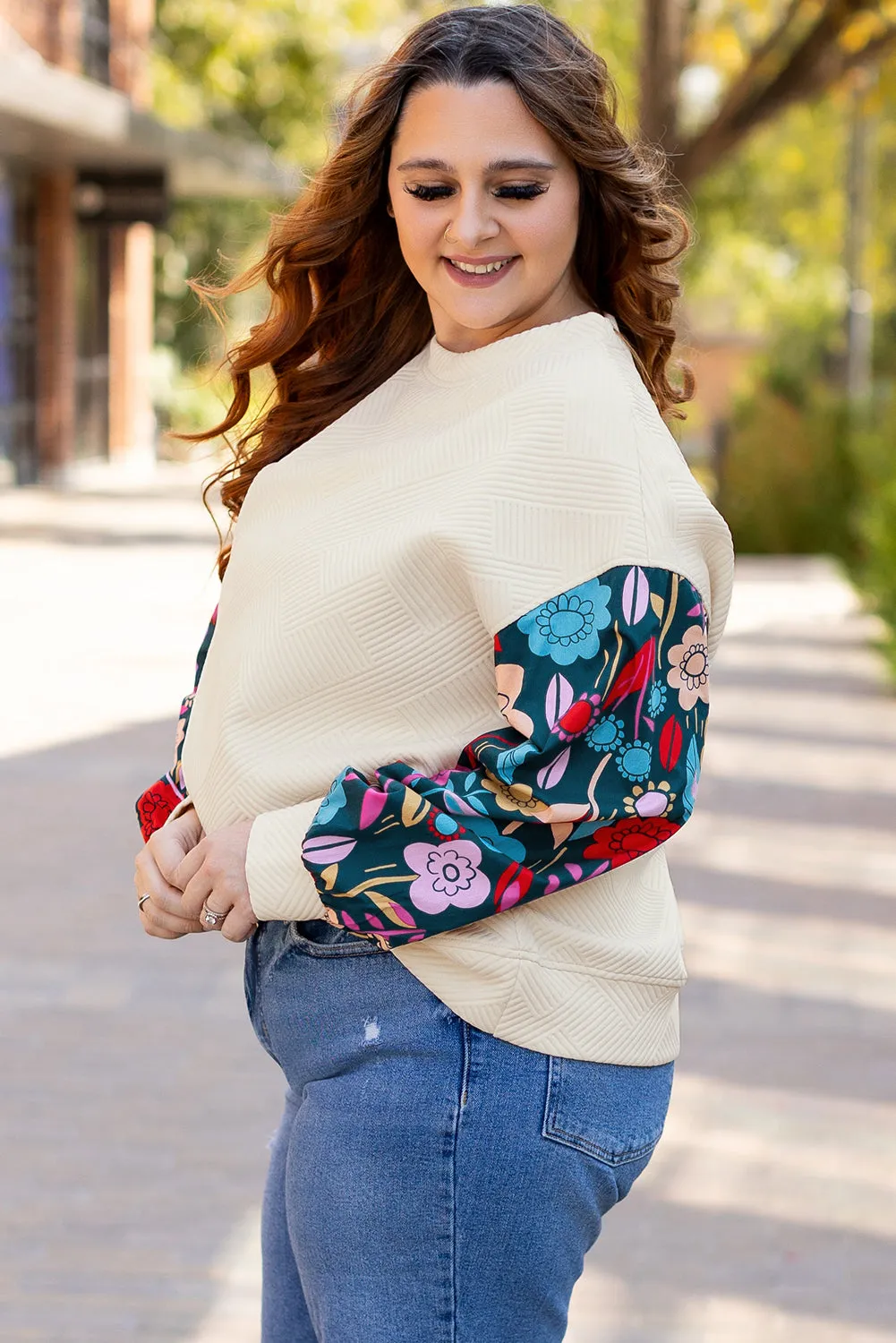 Threaded Pear White Floral Patchwork Sleeve Textured Plus Size Pullover Top sold by Zulily product image thumbnail 3