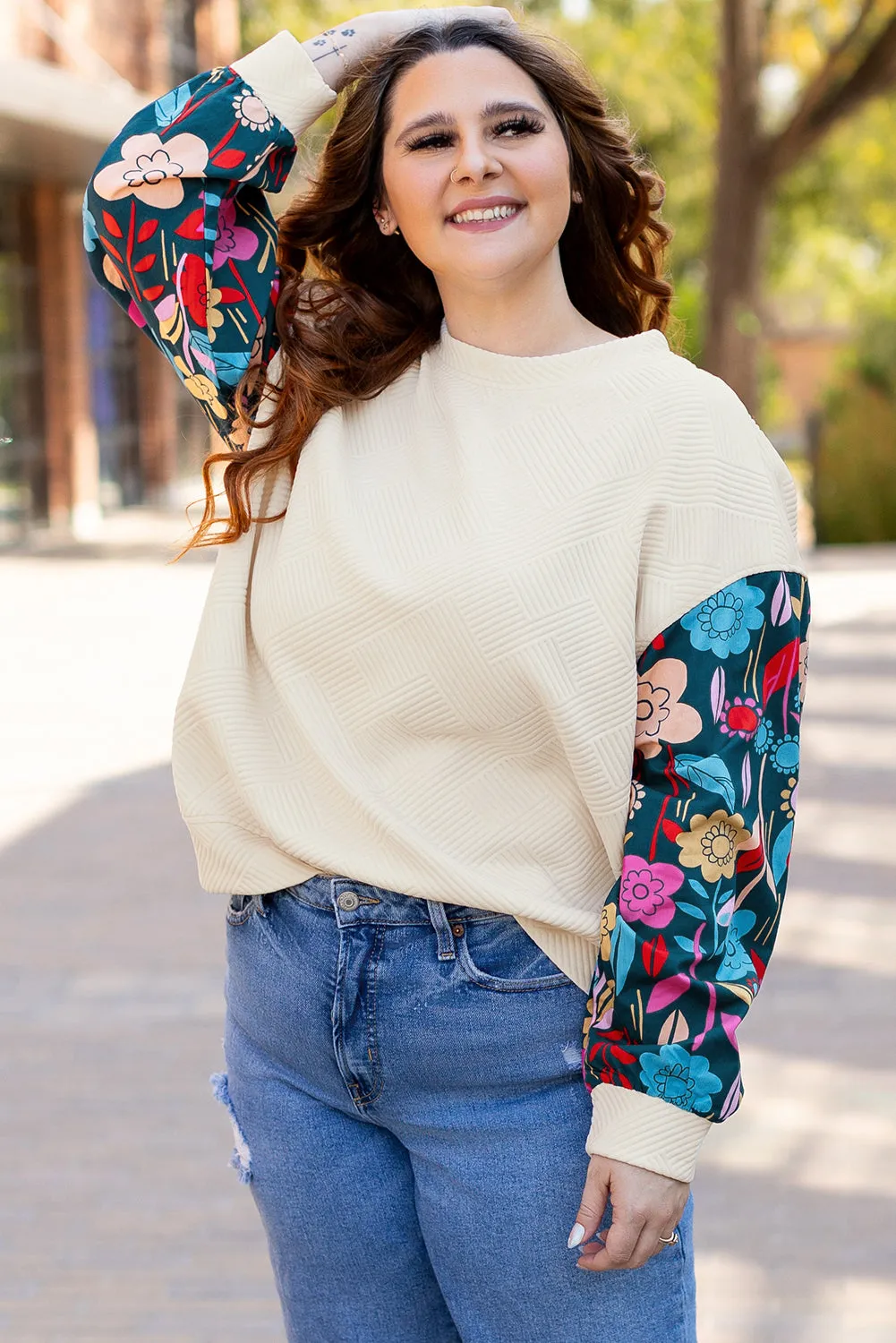 Threaded Pear White Floral Patchwork Sleeve Textured Plus Size Pullover Top sold by Zulily product image thumbnail 4