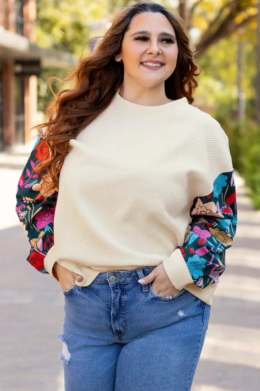 Threaded Pear White Floral Patchwork Sleeve Textured Plus Size Pullover Top made by Threaded Pear
