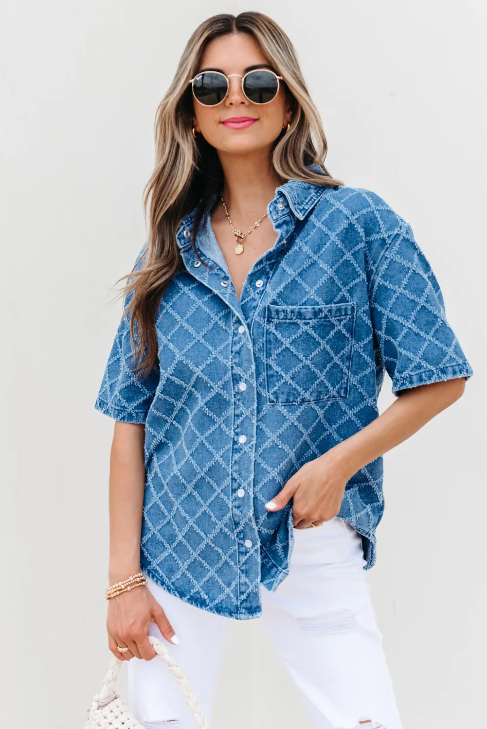 Threaded Pear Violette Checkered Textured Short Sleeve sold by Zulily